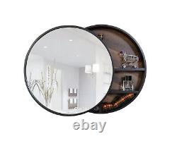 24 inch Walnut Round Mirror Sliding Door with Bathroom Cabinet Wall Mounted