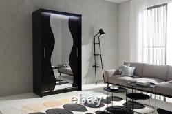 2 Sliding Door Wardrobe Black Mirrors Shelves 120cm Rail Matte Cabinet Bedroom