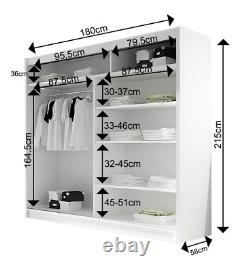 2 sliding door wardrobe, white matt, rail & shelves, 180 cm, fast delivery