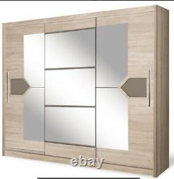3 Door Sliding Wardrobe -Oak Sonoma/PVC Cappuccino Gloss/Mirror. DOME/DO4-24. NEW