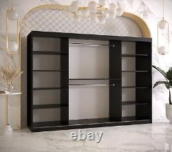 3 Doors Sliding Wardrobe Pattern Black Shelves Rails Drawers 250cm Assembly Incl