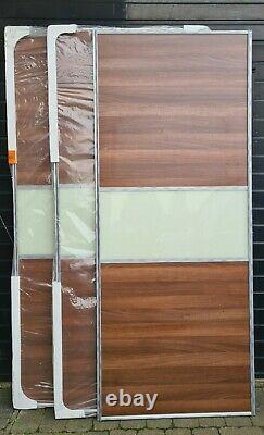 914mm x3 SpacePro walnut & soft white glass sliding wardrobe doors & track