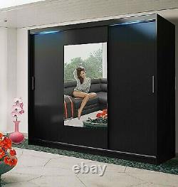 Black Wardrobe Sliding Door Big Bedroom Rail Mirror Large Closet 250cm 8.20ft