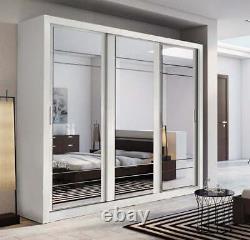 Brand New Modern Bedroom 3 Sliding Door Mirror Wardrobe GAVIN 250cm White Matt