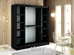 Door Sliding Wardrobe Black with Golden Details Mirror Shelves Rails 180 200 250