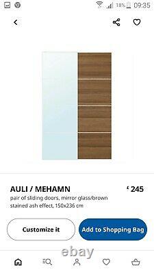 Ikea pax wardrobe 2 x sliding doors 236cm x 75cm Mirror Auli +Mehamn + fittings