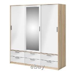 Large Oak White High Gloss 3 Door Triple Wardrobe Sliding Doors Mirror Drawers