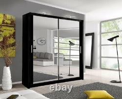 Milan 2 and 3 Mirror Sliding Door Wardrobe In Black Color and 6 Sizes With LED
