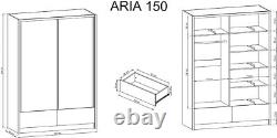 Mirrored sliding doors wardrobe ARTA 154 cm wide Black Gloss front + 2 drawers