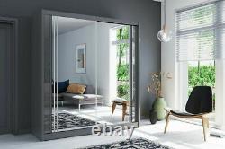 Modern 2 Door Mirrored Sliding Wardrobe With Full Glass, High Gloss Strip & Led