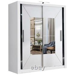 Modern Bedroom Double Sliding Door Wardrobe with LED Light Mirror 2 Colours