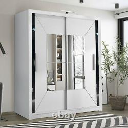 Modern Bedroom Mirror Sliding Door Wardrobe Large with LED LIGHT WHITE BLACK GREY