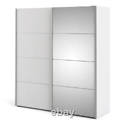 Modern Double Sliding White Wardrobe 2 Sizes Mirrored Doors Hanging Rail Shelves