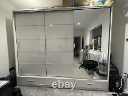 Modern Freestanding 3 Door Wardrobe Mirror Shelves Drawers 260cm Width White