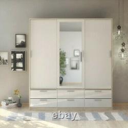 Modern High Gloss White 3 Sliding Door Combi Triple Mirror Wardrobe with Drawers