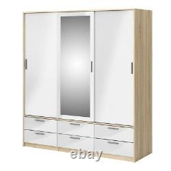 Modern High Gloss White 3 Sliding Door Combi Triple Mirror Wardrobe with Drawers