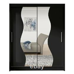 Modern Wardrobe BRAVA S BLACK Mirror Sliding Doors Hanging Rail Shelves 180cm