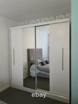 NAPOLI 203cm Large Wardrobe with Sliding Doors and Mirror White Steel handles