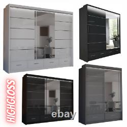 SYCYLIA High Gloss Sliding Door Wardrobe With Mirror For Bedroom With Led