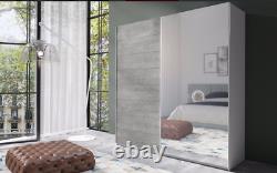 Sliding Door Wardrobe, Mirror, Rail and Shelves, White & Concrete Grey, FAST