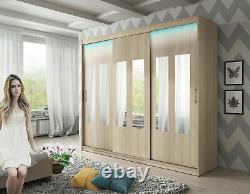 Spacious Large Wardrobe Sliding Door Mirror LED Rail Shelves Closet 250cm NEW