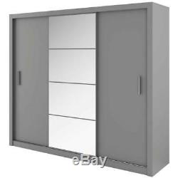 WARDROBE 250cm wide, 3 sliding doors, mirror BEDROOM FURNITURE DN-ID01 grey