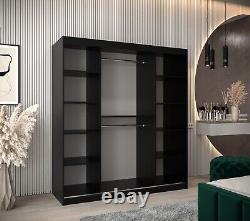 Wardrobe 200 cm TOKYO 1 BLACK Sliding Doors Rails Shelves Mirror FAST DELIVERY