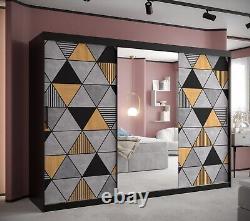 Wardrobe 250 cm PRAGUE 2 Sliding Doors Rails Shelves Mirror Black Uniqe Pattern