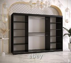 Wardrobe 250 cm PRAGUE 2 Sliding Doors Rails Shelves Mirror Black Uniqe Pattern