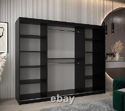 Wardrobe 250 cm TOKYO 3 PREMIUM 3 Sliding Doors Rails Shelves Mirror Black White