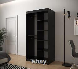 Wardrobe IDELKA 2 100 cm Sliding Doors Shelves Rails Mirror White Black Oak