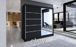 Wardrobe Mirror 180cm Sliding Doors Black Shelves Rail Closet Storage Bedroom