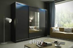 Wardrobe Mirror Sliding Doors New Hanging Rail Shelves Black KOLA 01-250