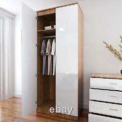 White Oak 2 Doors Wardrobe with Mirror High Gloss Storage Hanging Rail Furniture